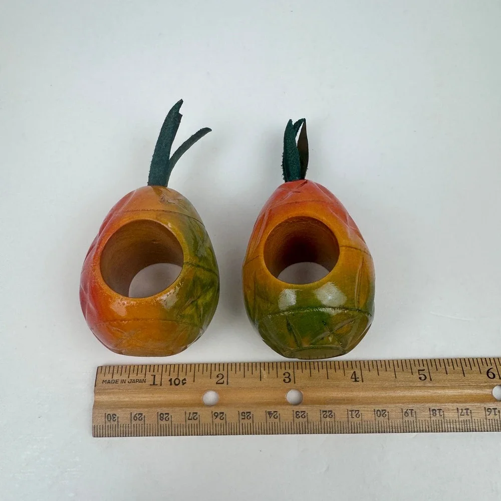 Vtg 8 Hand Painted Carved Wooden Lacquered Fruit Vegetable Napkin Rings Colorful